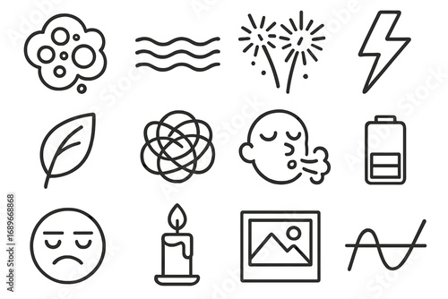 Emotional State Icons. Line style icons of emotional states: anxiety bubble, calm lake symbol, excitement fireworks, fear
