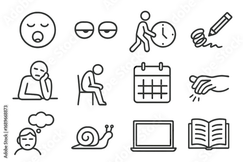 Icons of Boredom. Line style icons of boredom and disinterest: yawning face, eyes half closed, clock dragging, doodling icon,