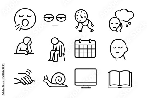 Icons of Boredom. Line style icons of boredom and disinterest: yawning face, eyes half closed, clock dragging, doodling icon,