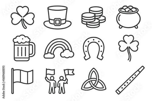 Saint Patrick's Icons. Line style icons of Saint Patrick’s Day: shamrock icon, leprechaun hat, gold coins, pot of gold, green beer