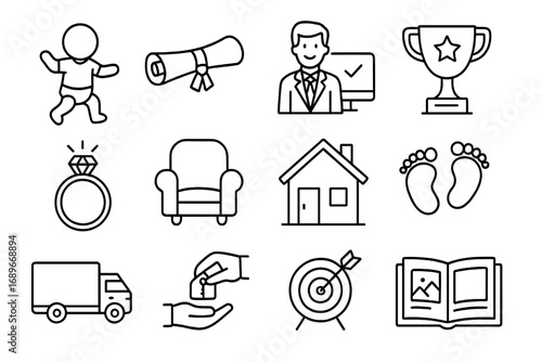 Life's Milestones Icons. Line style icons of milestone events: first steps icon, graduation scroll, new job icon, promotion trophy