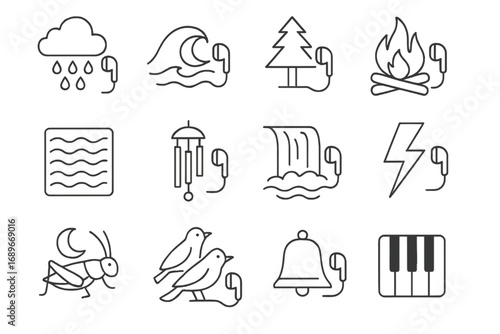 Ambient Sound Icons. Line style icons of ambient sounds: rain audio, ocean wave, forest sound, crackling fire, white noise, wind