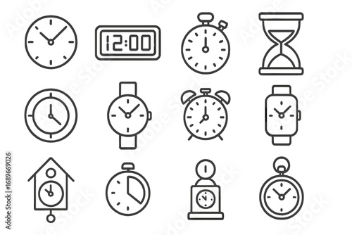 Timepiece Line Icons. Line style icons of clocks and timepieces: analog clock, digital clock, stopwatch icon, hourglass icon, wall