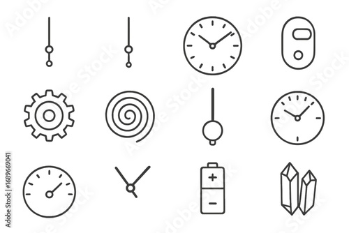 Clock Component Icons. Line style icons of clock components: minute hand, hour hand, second hand, clock face, clock gear, clock
