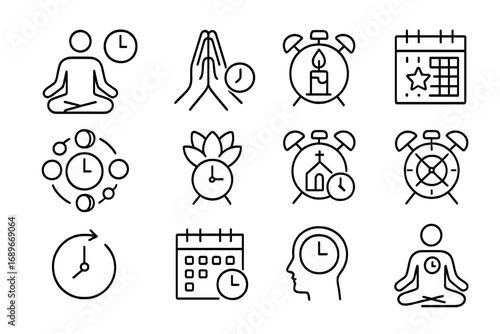 Spiritual Time Icons. Line style icons of spiritual time: meditation hour, prayer time, ritual clock, sacred calendar, moon cycle