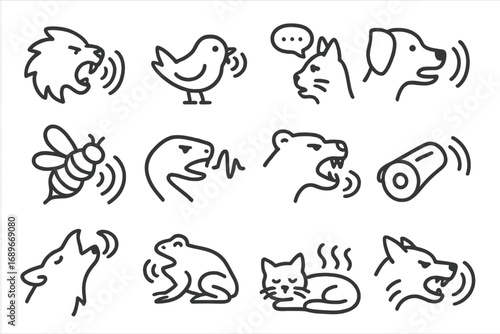 Animal Sound Icons. Line style icons of animal sounds: roar waves, chirp echo, meow bubble, bark icon, buzz swirl, hiss line,