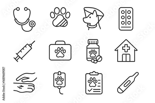 Pet Medical Icons. Line style icons of pets with medical care: vet stethoscope, paw with bandage, cone collar, pet meds, injection