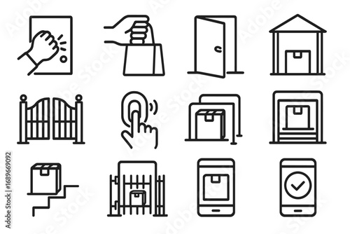 Doorstep Delivery Icons. Line style icons of doorstep delivery actions: knock on door, hand with bag, open door icon, delivery at