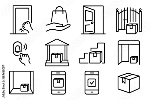 Doorstep Delivery Icons. Line style icons of doorstep delivery actions: knock on door, hand with bag, open door icon, delivery at