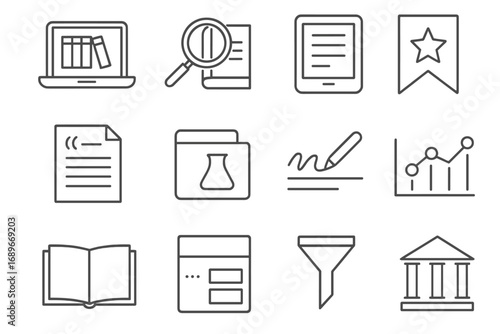 Library Reference Icons. Line style icons of library and reference tools: digital library icon, textbook search icon, e-book