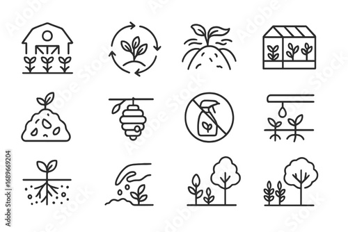 Sustainable Agriculture Icons. Line style icons of sustainable agriculture: organic farm icon, crop rotation icon, permaculture