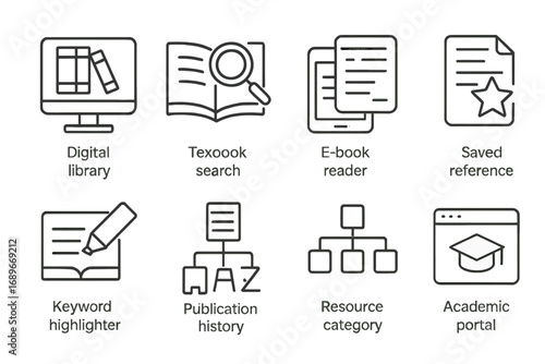 Library Reference Icons. Line style icons of library and reference tools: digital library icon, textbook search icon, e-book