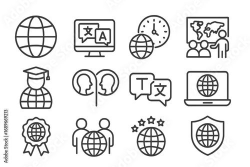 Global Education Icons. Line style icons of global online education: world map icon, multilingual interface icon, timezone