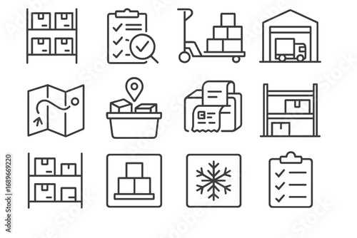 Warehouse Operations Icons. Line style icons of warehouse operations: storage shelves, stock check icon, pallet jack, warehouse