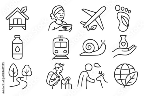 Sustainable Tourism Icons. Line style icons of sustainable tourism: eco lodge icon, local experience icon, low carbon travel,