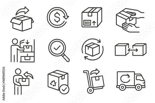 Reverse Logistics Icons. Line style icons of reverse logistics: return box, refund icon, return shipment label, repackage icon,