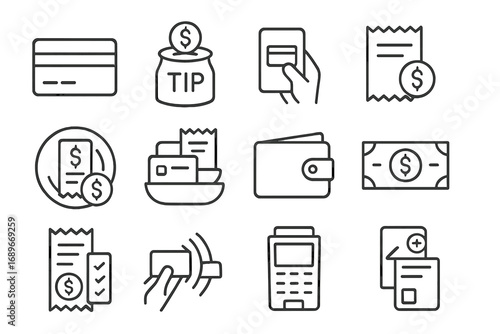 Restaurant Payment Icons. Line style icons of restaurant payment and tips: credit card icon, tip jar icon, mobile pay icon,