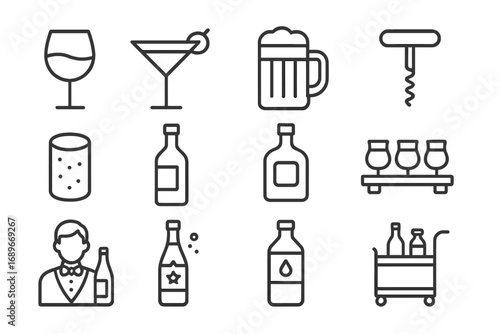 Beverage Line Icons. Line style icons of wine and beverage menu: wine glass, cocktail glass, beer mug, bottle opener, cork icon,