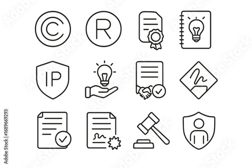 Intellectual Property Icons. Line style icons of intellectual property: copyright icon, trademark icon, patent certificate, IP