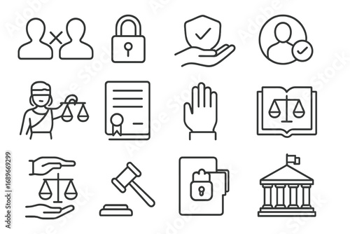 Legal Ethics Icons. Line style icons of legal ethics: conflict of interest, confidentiality icon, duty of care, professional