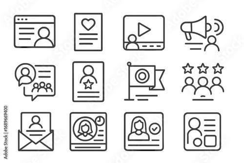 HR Branding Icons. Line style icons of HR branding: careers page icon, values poster, culture video icon, internal branding, team