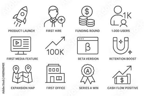 Startup Milestone Icons. Line style icons of startup milestones: product launch, first hire icon, funding round icon, 1K users