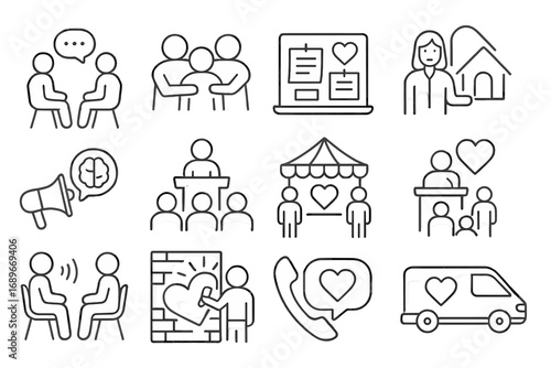 Community Mental Health Icons. Line style icons of community mental health: group therapy icon, peer support group, community