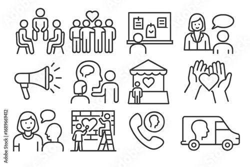 Community Mental Health Icons. Line style icons of community mental health: group therapy icon, peer support group, community