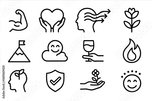 Positive Psychology Icons. Line style icons of positive psychology: strengths icon, gratitude heart icon, flow state icon,