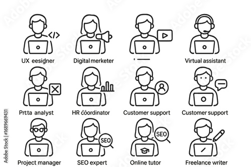 Remote Job Role Icons. Line style icons of remote job roles: remote developer icon, digital marketer, content creator, virtual