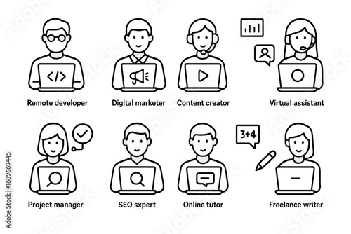 Remote Job Role Icons. Line style icons of remote job roles: remote developer icon, digital marketer, content creator, virtual