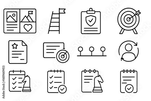 Goal Setting Icons. Line style icons of goal setting tools: vision board icon, goal ladder, smart goal icon, intention card,