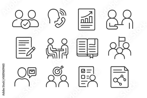 Accountability and Coaching Icons. Line style icons of accountability and coaching: accountability partner icon, coaching call