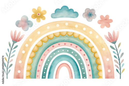 Soft Boho Rainbow with Flowers and Clouds on Transparent Background pastel bohemian isolated on a transparent background