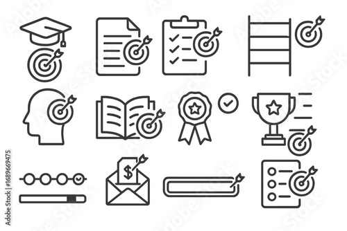 Educational Goal Icons. Line style icons of goal setting in education: academic milestone icon, study goal sheet, course tracker,