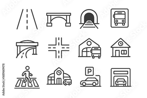 Transport Infrastructure Icons. Line style icons of transport infrastructure: road icon, bridge icon, tunnel icon, highway icon,
