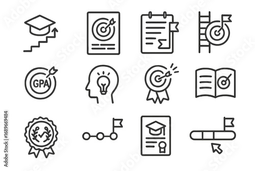 Educational Goal Icons. Line style icons of goal setting in education: academic milestone icon, study goal sheet, course tracker,