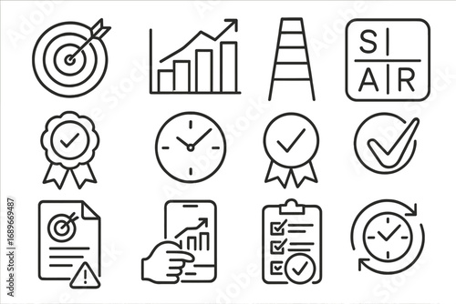 SMART Goals Icons. Line style icons of SMART goals: specific target icon, measurable chart icon, achievable ladder, relevant badge