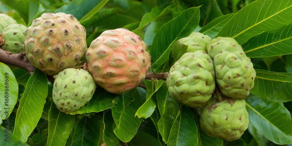 Obraz premium Close-up of noni fruits on a branch with lush green leaves, showcasing nature's bounty.