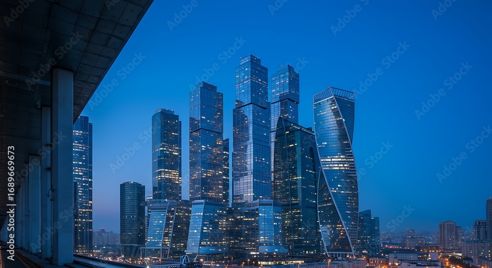 Obraz premium Urban Panorama: Modern Skyscrapers Illuminate the Evening Skyline with Vibrant Lights