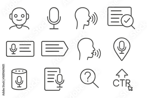 Voice Search Icon Set. Line style icons of voice search SEO: voice assistant icon, microphone icon, spoken query icon, long-form