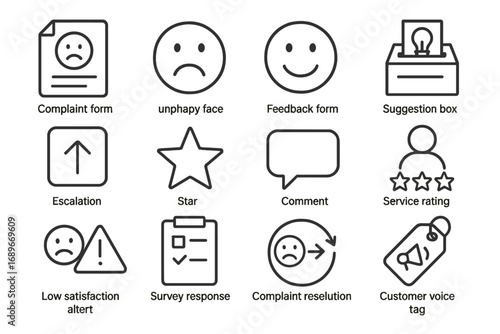 Feedback Icon Collection. Line style icons of feedback and complaints: complaint form icon, unhappy face icon, feedback form icon,