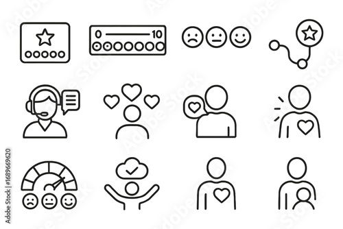 Customer Experience Icons. Line style icons of customer experience: satisfaction score icon, net promoter score, smiley feedback