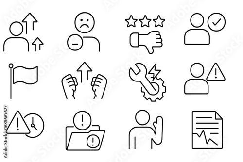 Customer Escalation Icons. Line style icons of customer escalation triggers: complaint escalation icon, unsatisfied response icon,