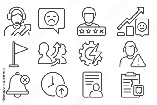 Customer Escalation Icons. Line style icons of customer escalation triggers: complaint escalation icon, unsatisfied response icon,