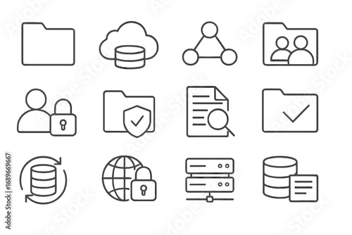 Enterprise Storage Icons. Line style icons of enterprise storage: enterprise folder icon, business cloud icon, shared drive icon,