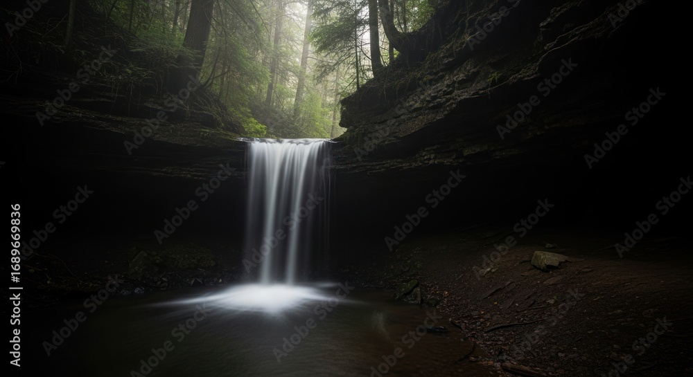 Fototapeta premium Serene waterfall cascading into a dark pool amidst a misty forest landscape