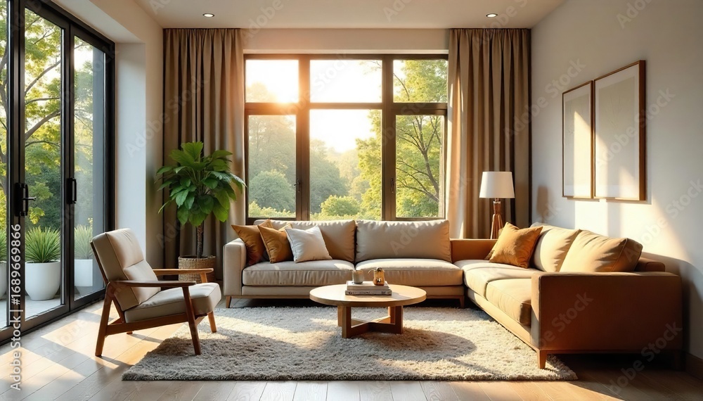 Fototapeta premium Cozy and inviting living room interior with comfortable furniture and natural light streaming through large windows Perfect for relaxation and family time , couch, plants, apartment