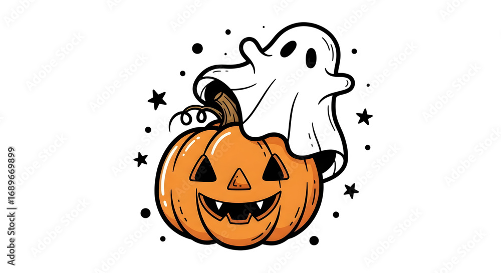 Fototapeta premium A cheerful halloween scene isolated on transparent background, featuring a smiling jackolantern topped with a friendly ghost, surrounded by stars and dots, evoking a festive spirit