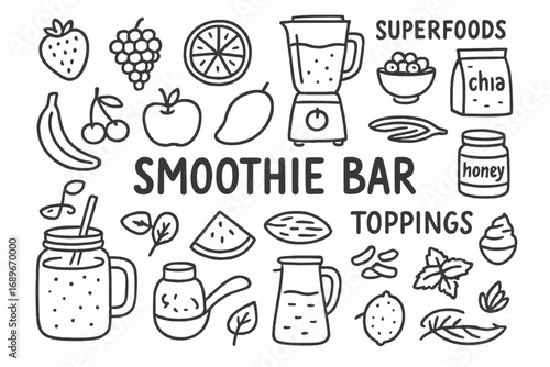 Smoothie Bar Icons. Smoothie bar doodle set: hand drawn icons for fresh fruits, blenders, superfoods, and toppings, isolated